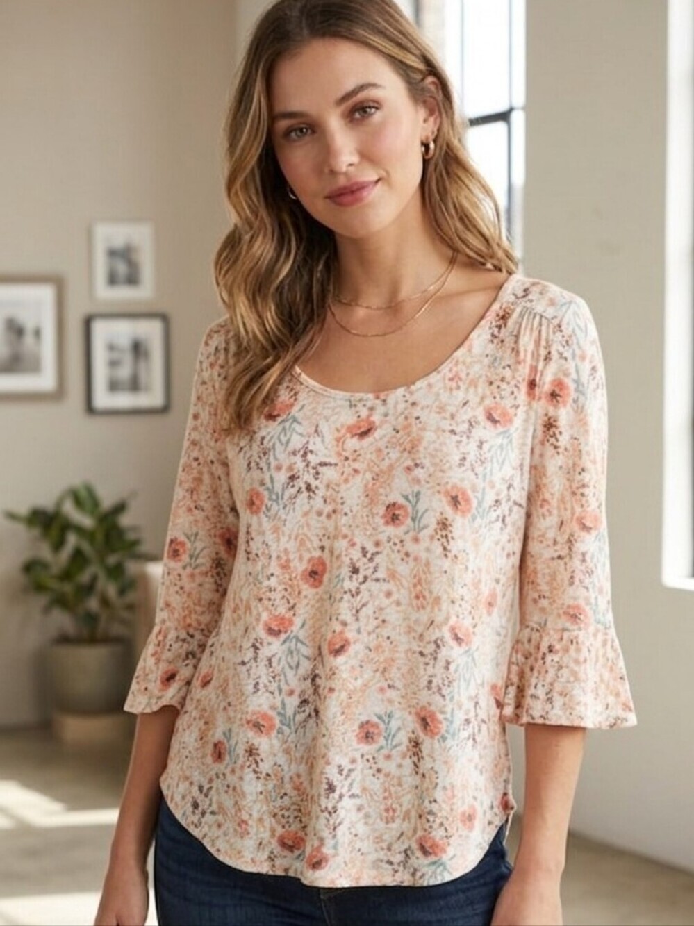 Lucky Brand Peach Floral Scoop-Neck Top